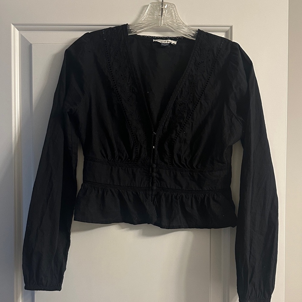 American Eagle Outfitters Black Lace Trim Blouse